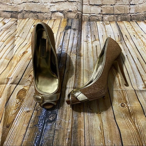 Steve Madden Gold Lezlie Pump Peep Toe Heels - Picture 1 of 5